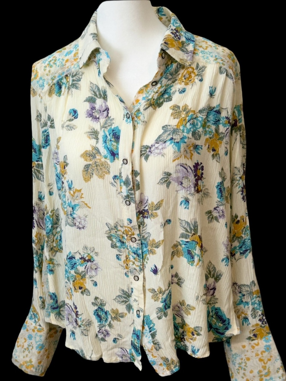 Free people Boho Gauzy Hippie Women's Cream Floral Button-Up Blouse